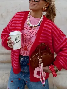 Women's V-Neck Knit Cardigan Sweater, Striped Design, Casual & Elegant Style, Spring/autumn Fashion Outerwear, Casual Chic Knitwear