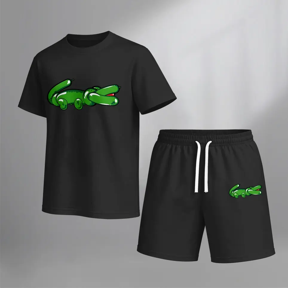 Men’s Cartoon Crocodile Balloon Printed Casual Short Sleeve T Shirt and Shorts Set, Summer 2 Piece Outfit, Soft Breathable Matching Set with Drawstring Shorts for Beach, Outdoor Activities, Travel, Workout, and Everyday Style