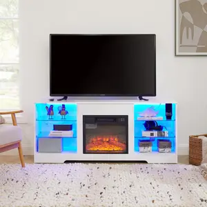 TV Stand Electric Fireplace Glass Shelves, 3D Fireplace TV Stand with LED Lights Wood with USB Charging Outlet Modern Television Table Center for TV up to 62" White, 58''W*15.5''D*24.4