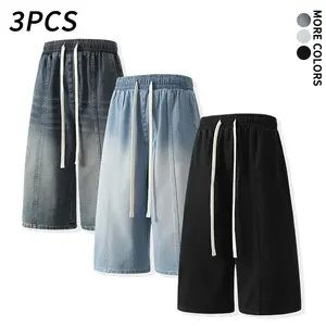 Men's Gradient Washed Denim Capri Pants Set (3-Piece), Adjustable Elastic Drawstring Waist, Loose Wide-Leg Bottom, Comfortable for Casual Summer Outfits, Loungewear, Everyday Wear