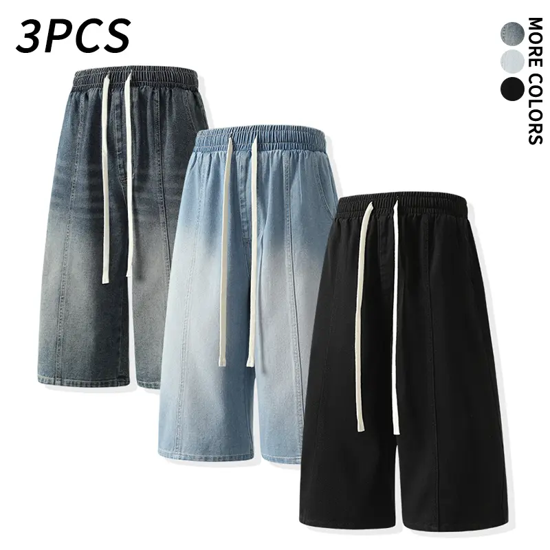 Men's Stylish Gradient Washed Denim 3-Piece Capri Pants Set, Menswear, Adjustable Elastic Drawstring Waist, Loose Wide-Leg, Street Style, Ideal for Casual Summer Outfits