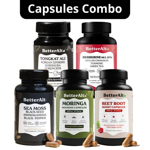 BetterAlt Capsules Combo | 5 Bottles | Sea Moss, Tongkat Ali, Berberine, Gold+ Shilajit & Beet Root Capsules
