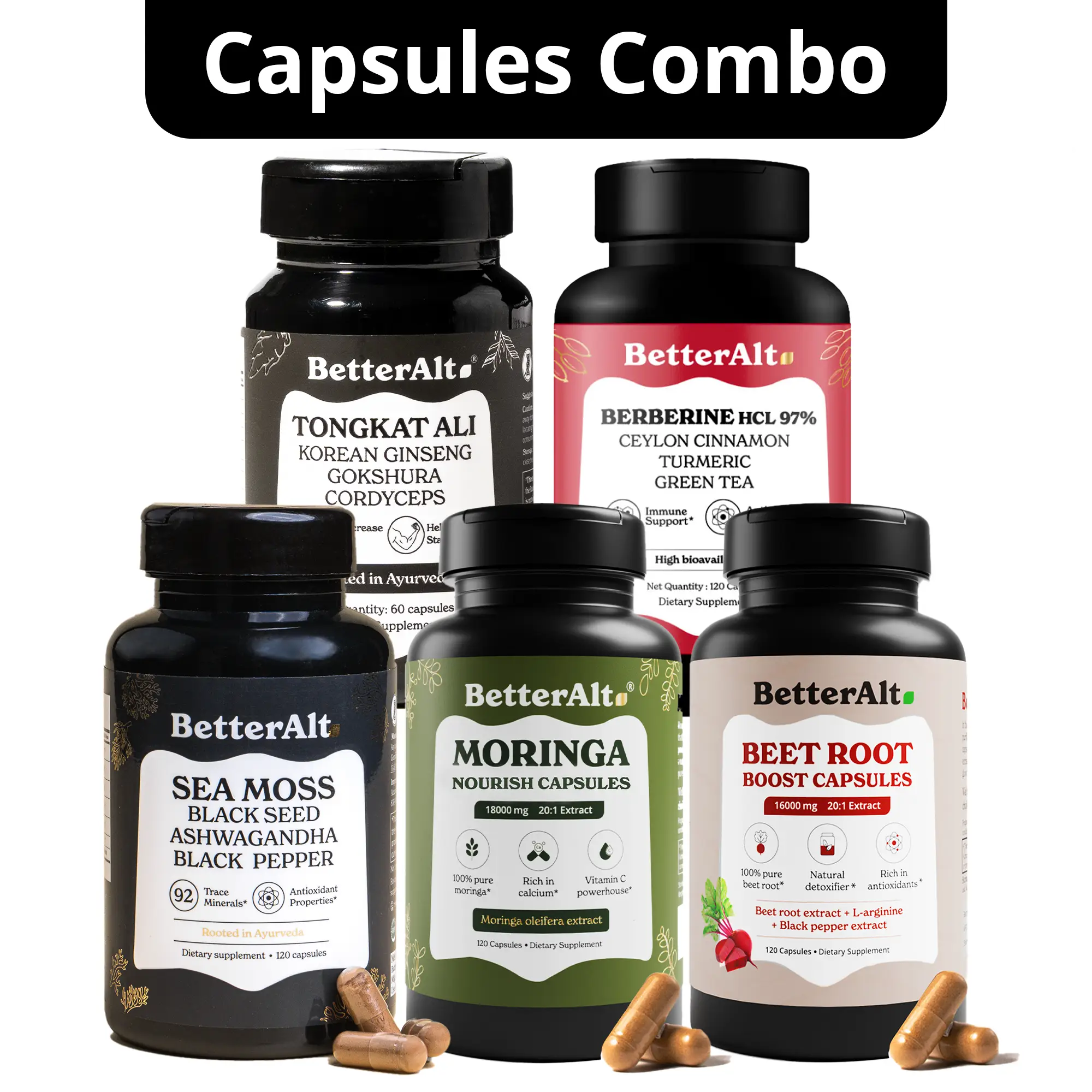 BetterAlt Capsules Combo | 5 Bottles | Sea Moss, Tongkat Ali, Berberine, Gold+ S...