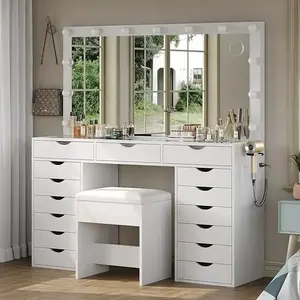 Vanity Desk with Mirror and Lights, Makeup Table with Charging Station, 3 Color Lighting Modes, 15 Drawers Dressing Table