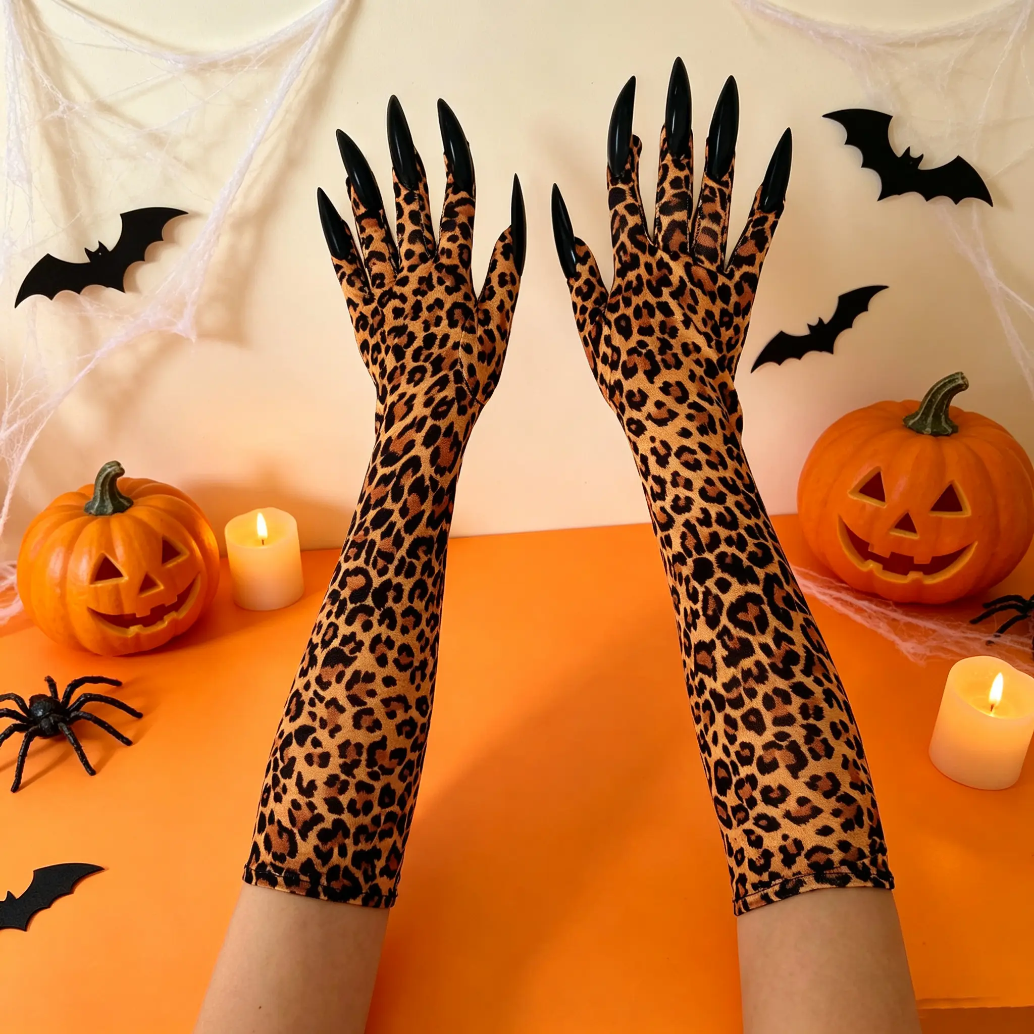 Leopard Print Elastic Sexy Sports Gloves with Long Nail Claws, Halloween Performance Props