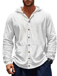 Men's Sporty Hooded Button Front Cardigan, Henry Neck Kangaroo Pocket Long Sleeve Sweatshirt, Breathable Casual Outerwear Top