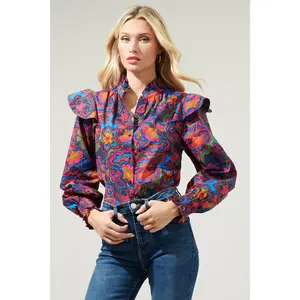 Raveena Midnight Malbec Ruffle Button Front Poplin Blouse