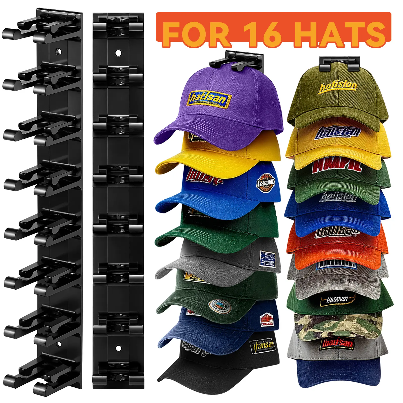 Viral 2 Pack Hat Organizer for Wall, Holds 16 Caps, No Crease Adhesive & Screw Hat Hanger for Closet Door Bedroom, Essential Home Organization Storage