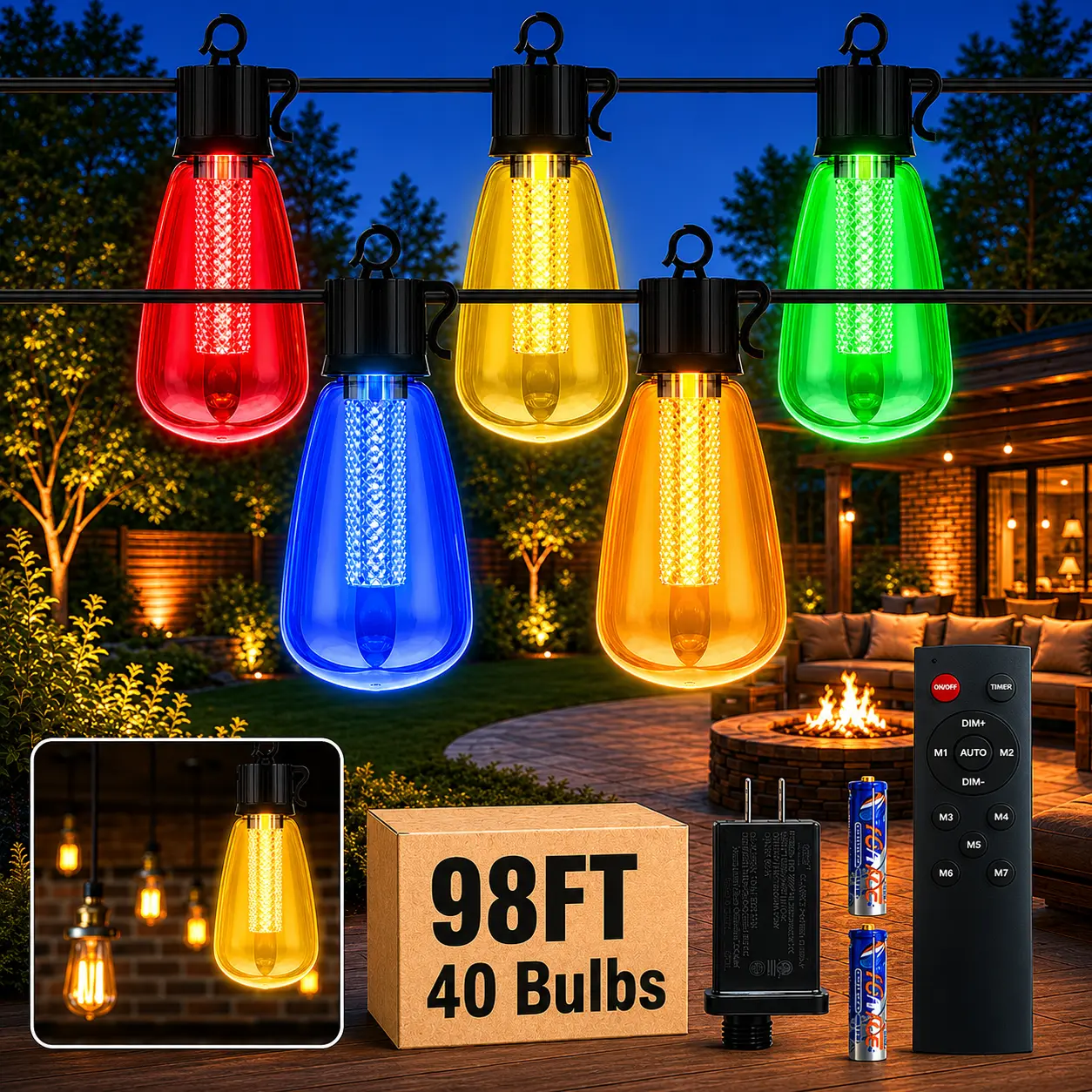 Avatar Controls 98FT String Lights Outdoor Waterproof with Remote - Multicolor & Warm White, 8 Light Modes Timer Waterproof Patio Lights Plug In Dimmable String Lights Shatterproof for Outside Porch Backyard Party summervibes