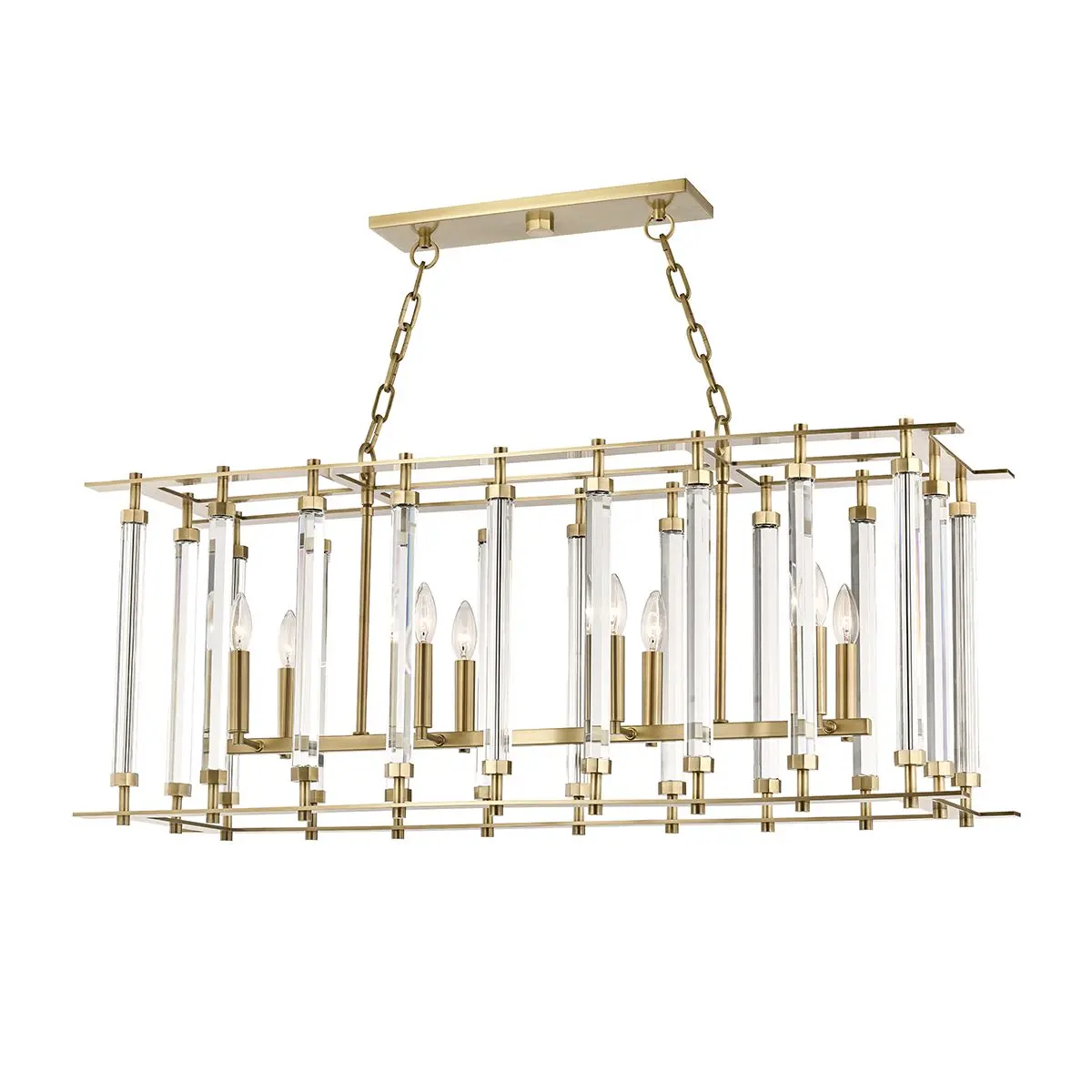 Haddon Linear Chandelier with Banded Tubular Crystal Accents and Aged Brass Finish