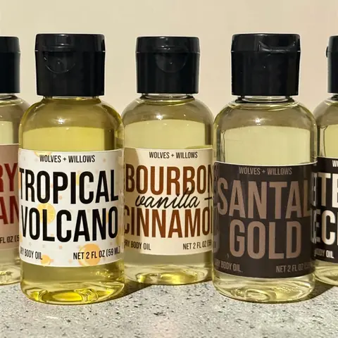 2 ounce Travel Size Masculine Wolves & Willows Dry Body Oil - Choose Your Scent - Non-Toxic Phthalate-Free Formula