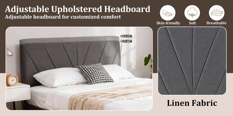 Bed Frame with Adjustable Headboard, Heavy Duty Platform & Reinforced Slats - No Box Spring, Grey Bed Frame with Adjustable Headboard, Heavy Duty Platform & Reinforced Slats - No Box Spring, Grey