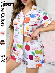 Women's 2-Piece Set: White Base Full-Body Food Themed Plush Dolls Cartoon Print Short Sleeve Shorts Soft Comfortable Top with Small Pocket and Flared Collar Design Elasticated Waistband for Daily Casual Home Wear Pajama Set Female Sleepwear Set