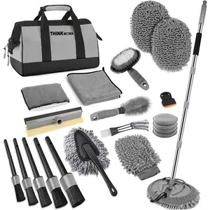 Car Wash Kit, Car Washing Brush with Long Handle, Extendable Car Wash Brush Mop with 2-in-1 Windshield Squeegee and 9Pcs Detailing Brushes, Gray Car Detailing Kit Gift for Men