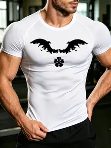 Men's Summer Clover Wing Print Gym Short Sleeve, Comfortable Breathable Compression Top, Ideal for Outdoor Sports, Daily Wear