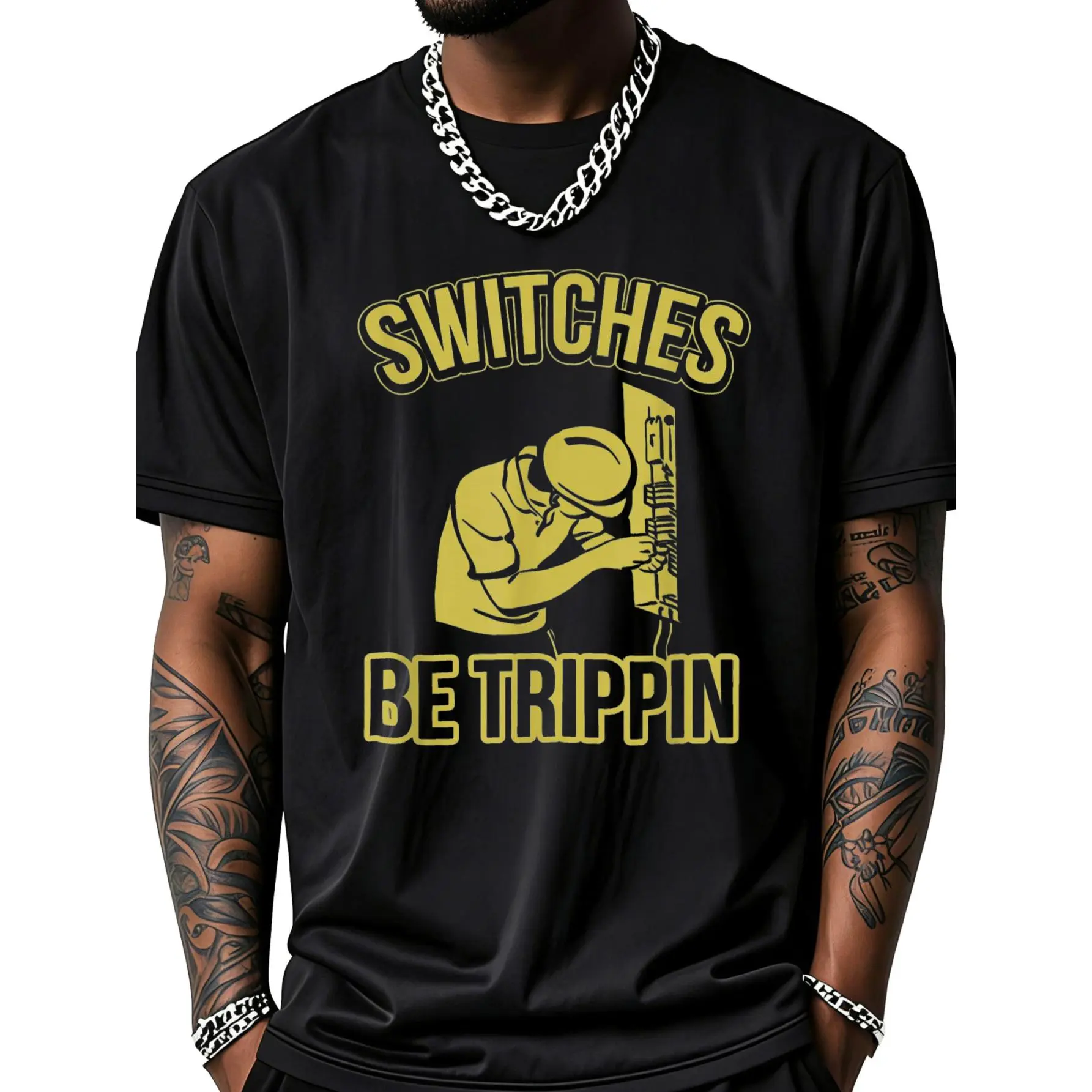 Unisex Cotton Regular Fit Shortsleeve Round Neck Sports Top - Funny "Switches Be Trippin" Master Electrician Fuse Box Graphic Casual Wear (Small)