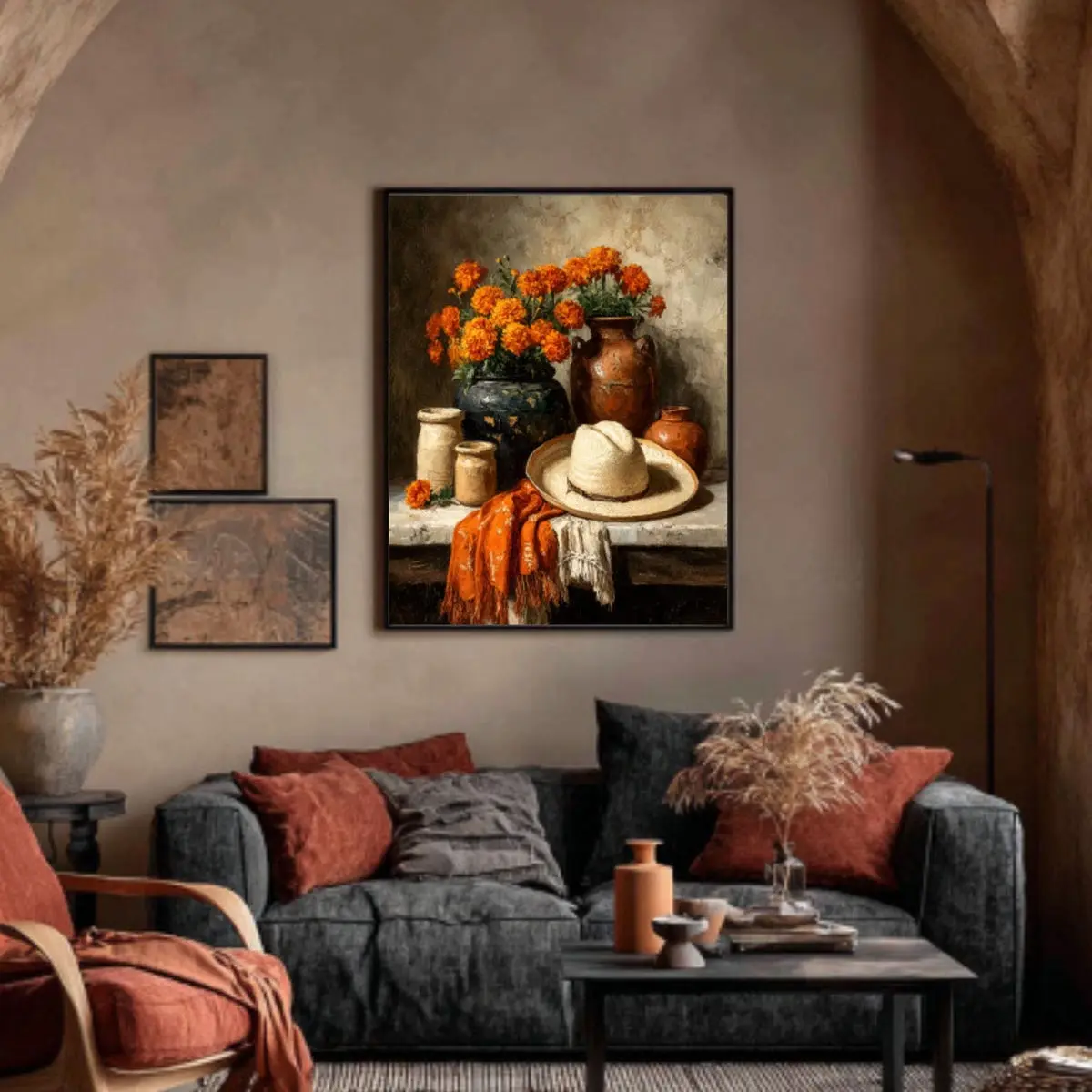 Vintage Mexican Still Life Wall Art | Marigolds & Candles with Sombrero, Rustic Folk Decor Poster, Room Decor, Unframed