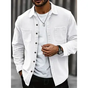 Popular corduroy material men's casual shirt jacket with lapel buttons, long sleeved cardigan, double patch pocket designRAIMENTRY