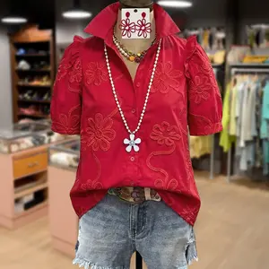 Cherrybetty 100% Cotton Elegant Flower Embroidered Collared Short Sleeve Blouse Outfit Inspo Tiktok Shop Spring Glow Up Sweety Essential Comfort Outfits