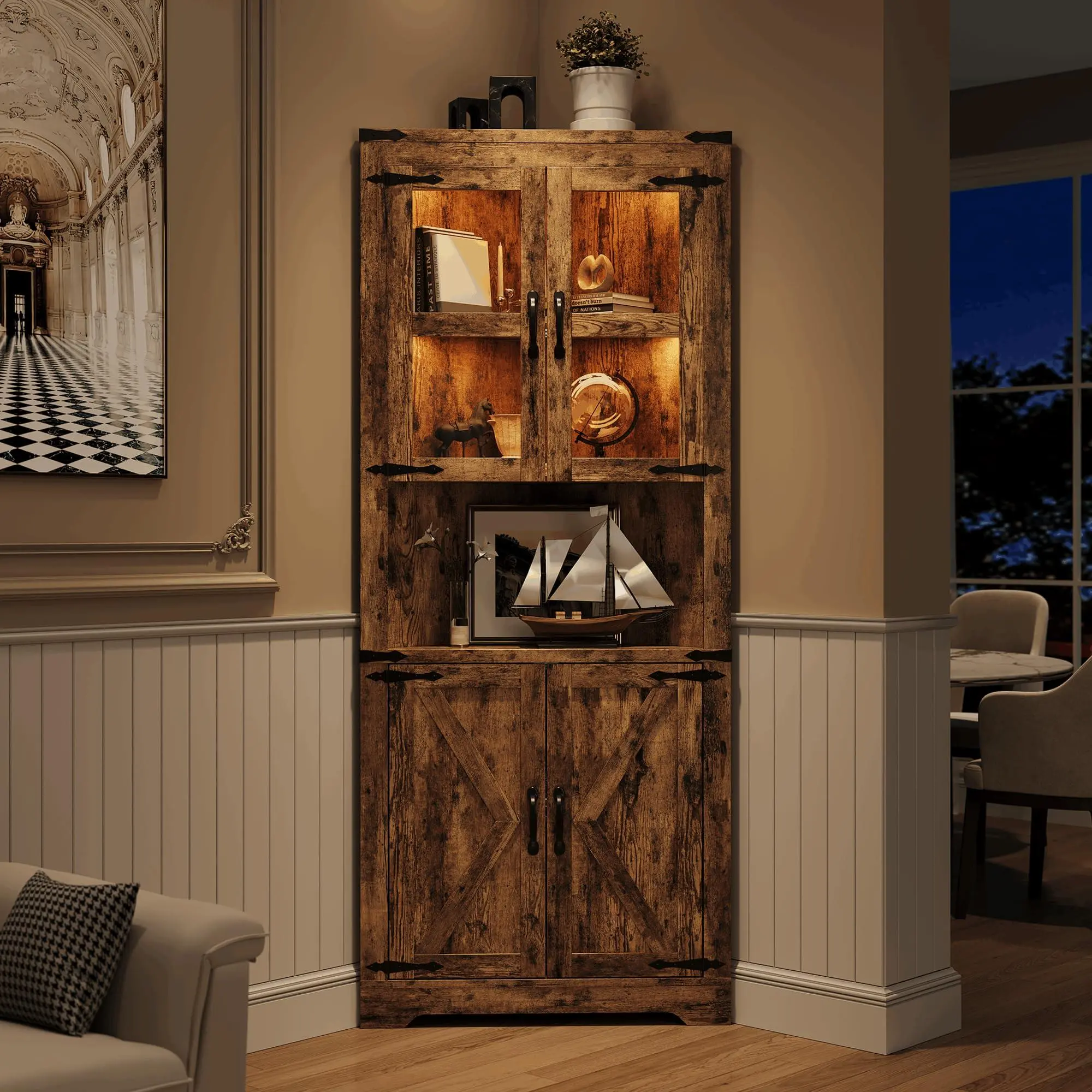 67 in Tall Corner Storage Cabinet with Lights, Farmhouse Corner Hutch Display Cabinet with Glass Doors, Wooden Storage Organizer for Kitchen, Living Room, Bathroom, Brown