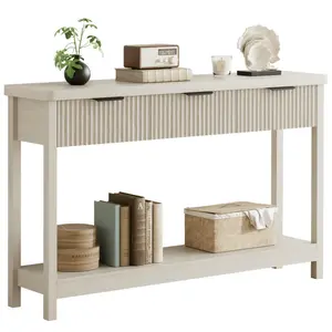 51 Inch Fluted Console Table, Narrow Entryway Table with 3 Storage Drawers and Open Shelf, Modern White Oak Sofa Accent Display Table, Freestanding Storage Console Table for Hallway Living Room Home Decor