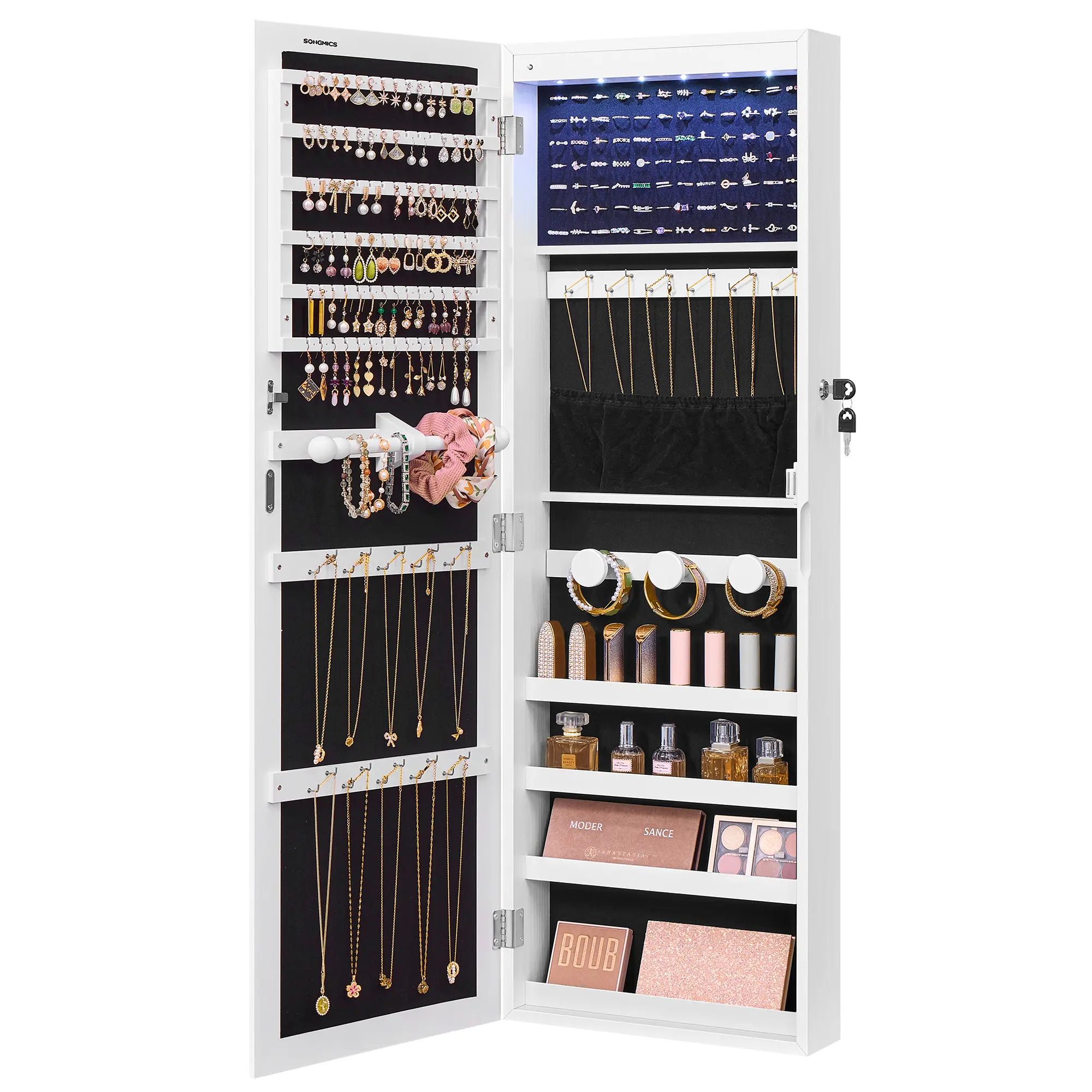 SONGMICS Jewelry Cabinet, Wall or Door Mounted Armoire with Full Length Mirror, Large Capacity Organizer, 6 LED Lights