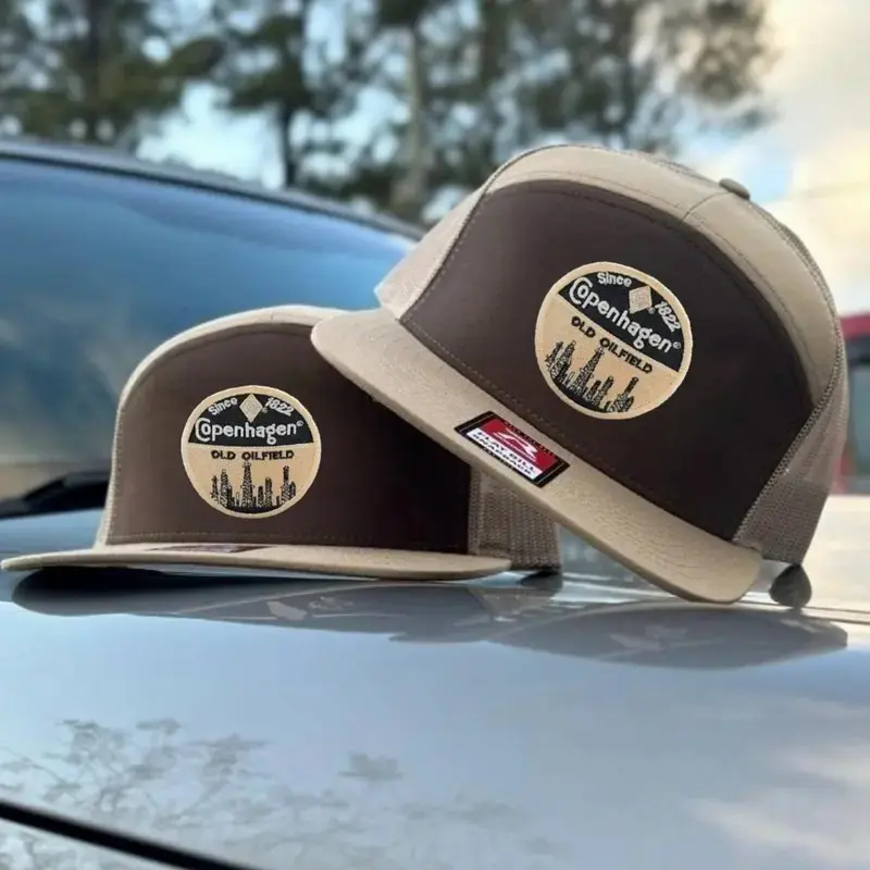 Copenhagen Old Oilfield Patch 7 Panel Trucker Hat, Camo Gray Mesh Back Snapback Cap, Vintage Western Country Outdoor Hat for Men