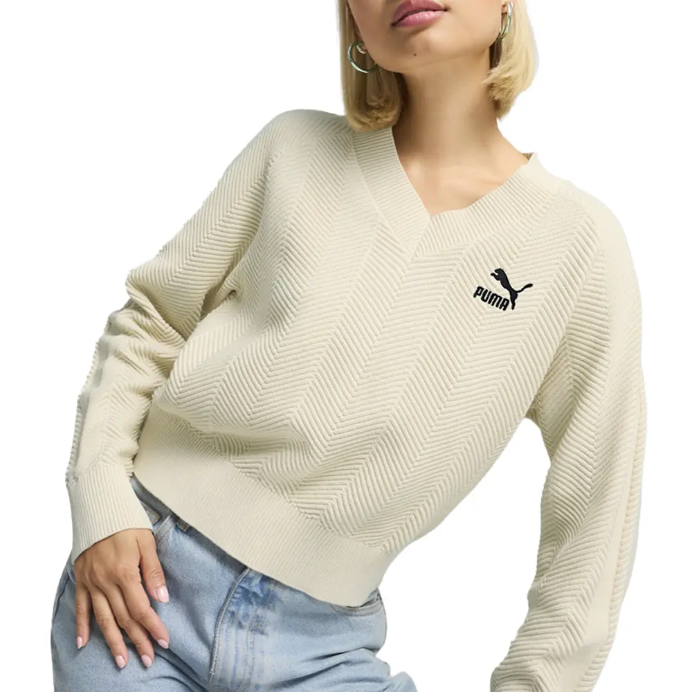 PUMA Womens T7 Knitted Logo V-Neck Long Sleeve Sweater Casual - Off White