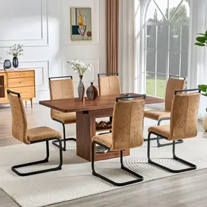 Expandable Dining table and chair set, 59-71 inch pull-out MDF table.Walnut MDF table.Paired With 6 Technology-Fabric Brown Chairs With Black Sturdy Metal Legs. Suitable for kitchen,Dining room,etc.