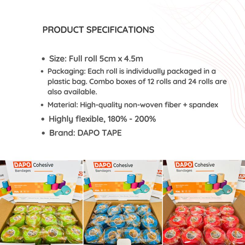 [48Packs] Dapo Self-Adhesive Sports Bandage 2 Inch x 5 Yard for ankle, knee, and wrist protection and sports training support, breathable, stretchy, good quality.