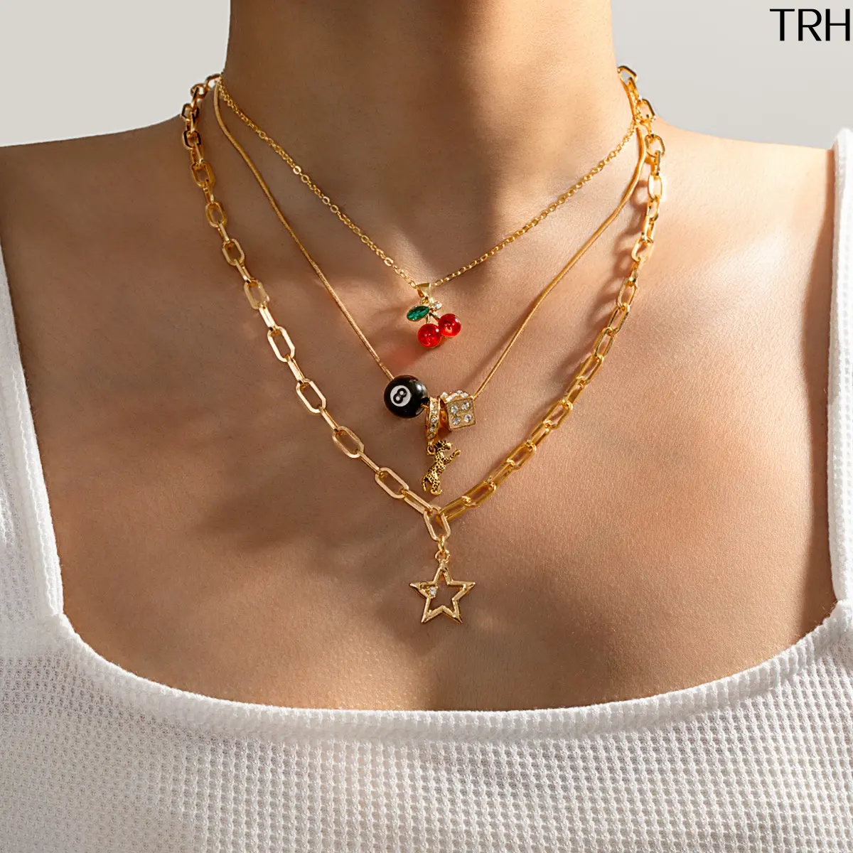 Multi Layered Pendant Necklace Set, Cherry Star Leopard Dice 8 Ball Charms Chain, Stackable Paperclip Link Necklace, Trendy Y2K Layering Neck Jewelry For Women
