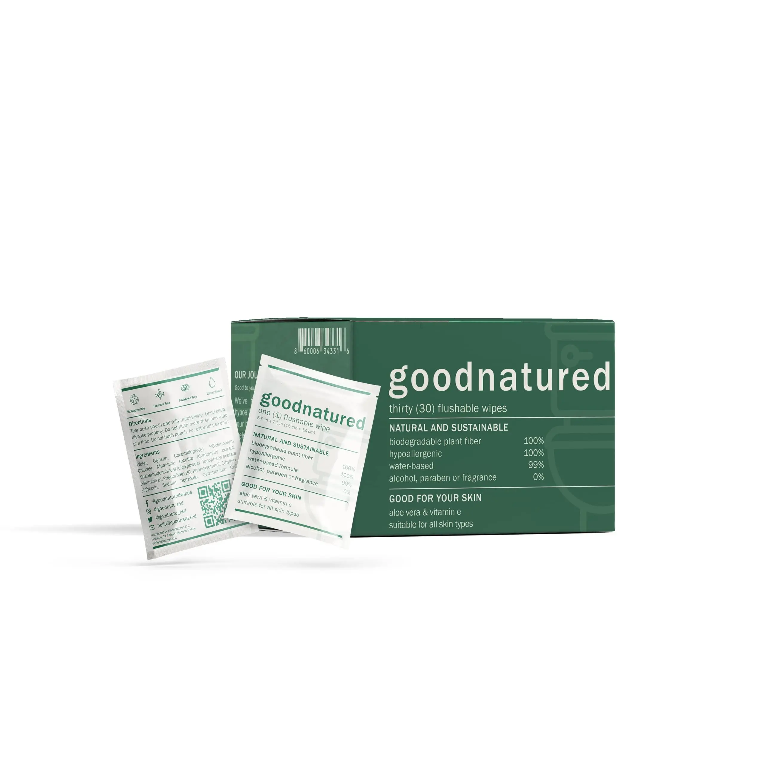 Goodnatured 30 Count Flushable Wipes with Aloe Vera and Vitamin E Unscented Hypoallergenic Biodegradable Non-Toxic Sustainable Eco-Friendly Alcohol-Free (30 Singles)