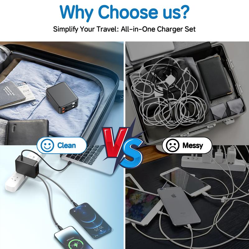 35W Retractable Wall Charger with Dual Cables, 3-Port USB Charging Block, Fast Charging for iPhone, iPad, Tablets, LG, Samsung, and More