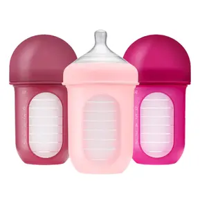 Nursh Reusable Silicone Pouch Baby Bottles - Medium Flow Nipple - Silicone Baby Bottle Pouch and Nipple - Baby Feeding Essentials - Pink - 3-6 Months - 3 Count - 8 Ounce