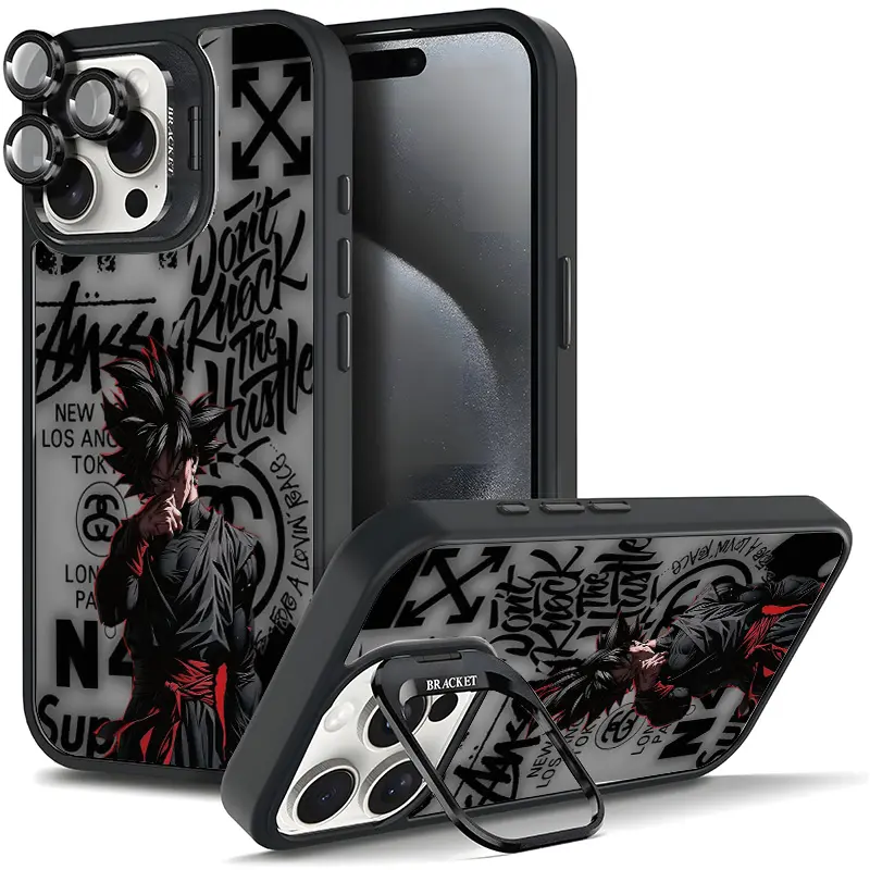 Cool Black Goku Graffiti Print Shockproof Phone Cover For Samsung iphone 17/AIR 16 15 14 13 12 11 PRO PLUS MAX COOL Fashionable Tough Magnetic Durable Metal lens frame Film Bracket Stand Gift Full Protection Camera Holder Phone Cases Cover 11X-L1376