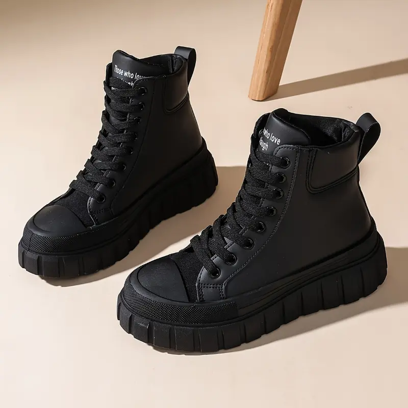 Four Seasons Outdoor Women's Comfortable Thick Sole Heightening Casual Shoes Daily Laced Black Simple High Top Sports