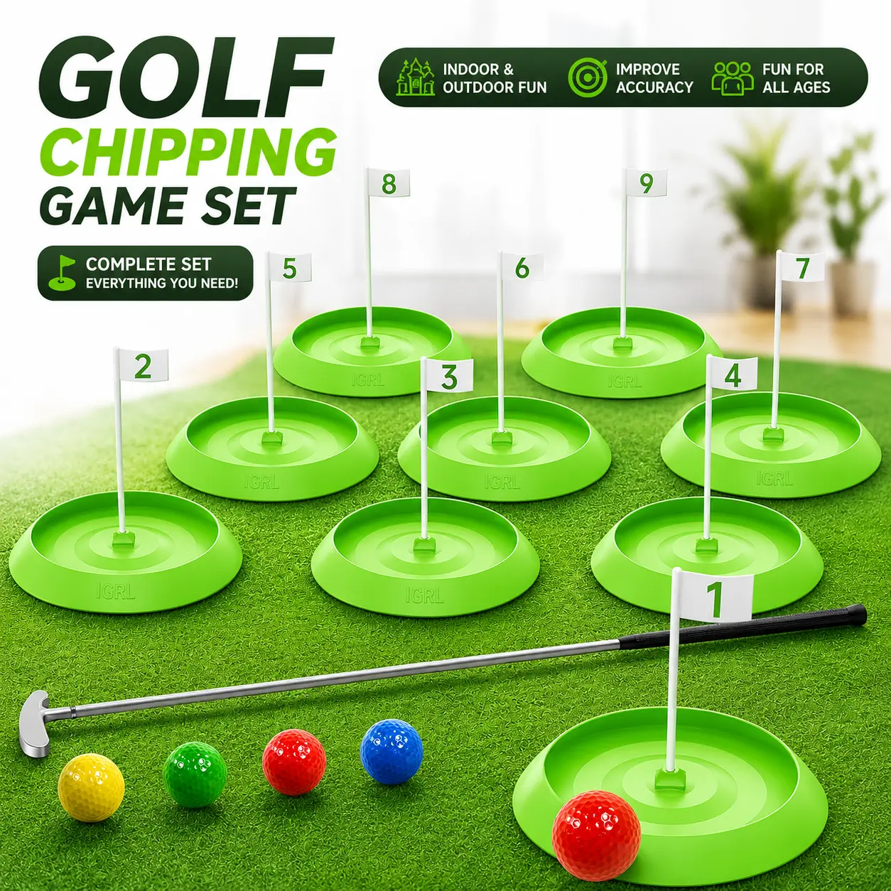 Mini Golf Game Set, Indoor Mini Golf Course for Adults Includes 9 Holes, 4 Balls, Dry-Erase Scorecard, and Golf Putter, Build Your Own Miniature Golf Course at Home Office Green Backyard