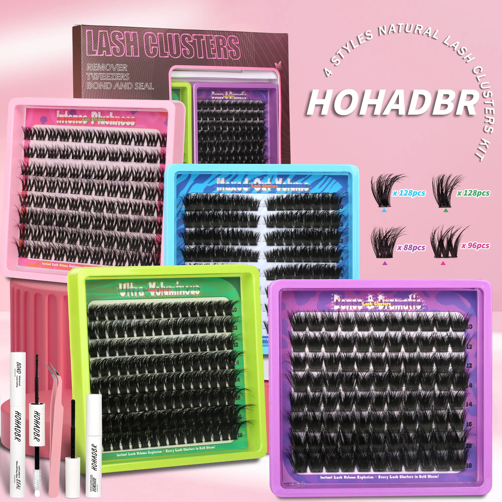 4 Styles Mega/ultra/ Dramatic/Volume/ Lash Clusters Kit, WaterProof Lashes Eyelash Clusters Extensions with Everything You Need for Beginners and Proficient, Extension Soft comfortable Easy Apply Natural Look, DIY at Home Easily, for Makeup Daily Life