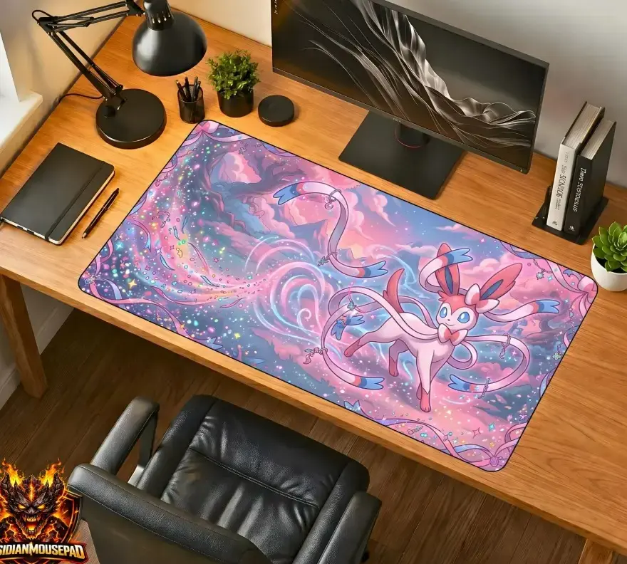 Sylveon Anime Mousepad - Fairy Type Desk Mat Kawaii Eeveelution Gaming Mouse Pad Pastel Magic Scene Large Gaming Mousepad