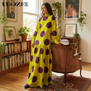 UOOZEE Women's 2026 New Spring Oversized Vintage Purple Polka Dot Polyester Woven Maxi Dress - Comfortable Fashion Style with Pockets, Autumn Lantern Sleeves (1 Size Up Recommended for C-Cup & Above)