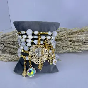 Weekly Pearls Bracelet Set with Gold Accents and Crystal Charm for Elegant Everyday Wear