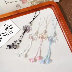 Cute Clear Lotus Lily of the Valley Phone Charm Beaded Strap Keychain Bag Pendant Handmade Aesthetic Gift for Girls