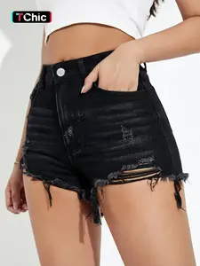 Summer New Hole Denim Shorts, Frayed Hem Jeans, Casual Fitted Style, Trendy Streetwear Hot Pants, Women's Fashion