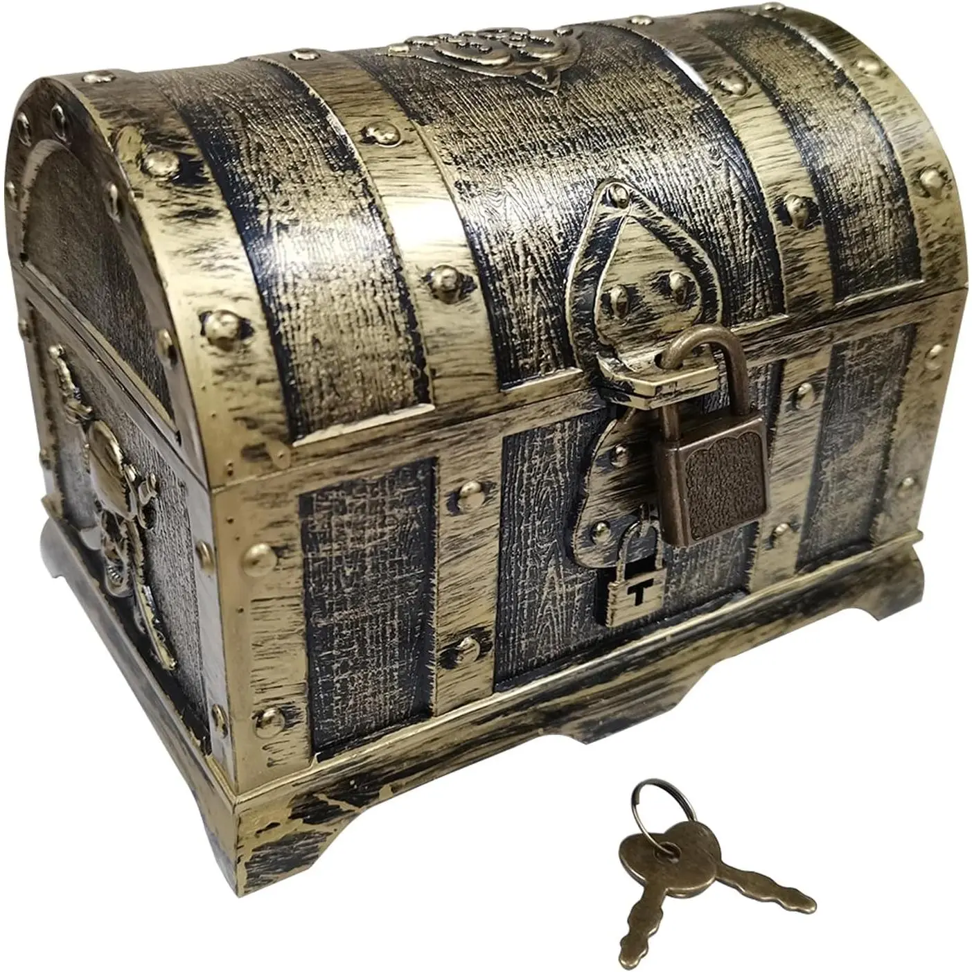 Kids Vintage Bronze-Coated Treasure Chest Box with Lid, Key Lock Toy Storage Organiser for Treasure Hunt Games & Teacher’s Small Prize Box