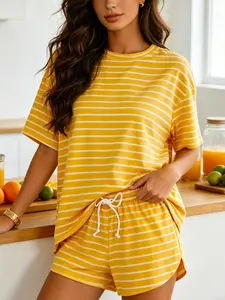 2-Piece Summer Set, Women's Cute Yellow Loose Fit Casual Knitwear, Striped Round Neck Short Sleeve, Drawstring Shorts, Home & Outdoor Wear