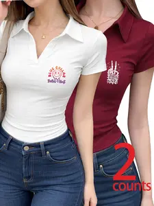 Women's Casual Fitted Polo Neck Collared Short Sleeve Top, Comfortable Soft Fabric, Perfect for Outdoor Shopping and Party, Summer Fashion
