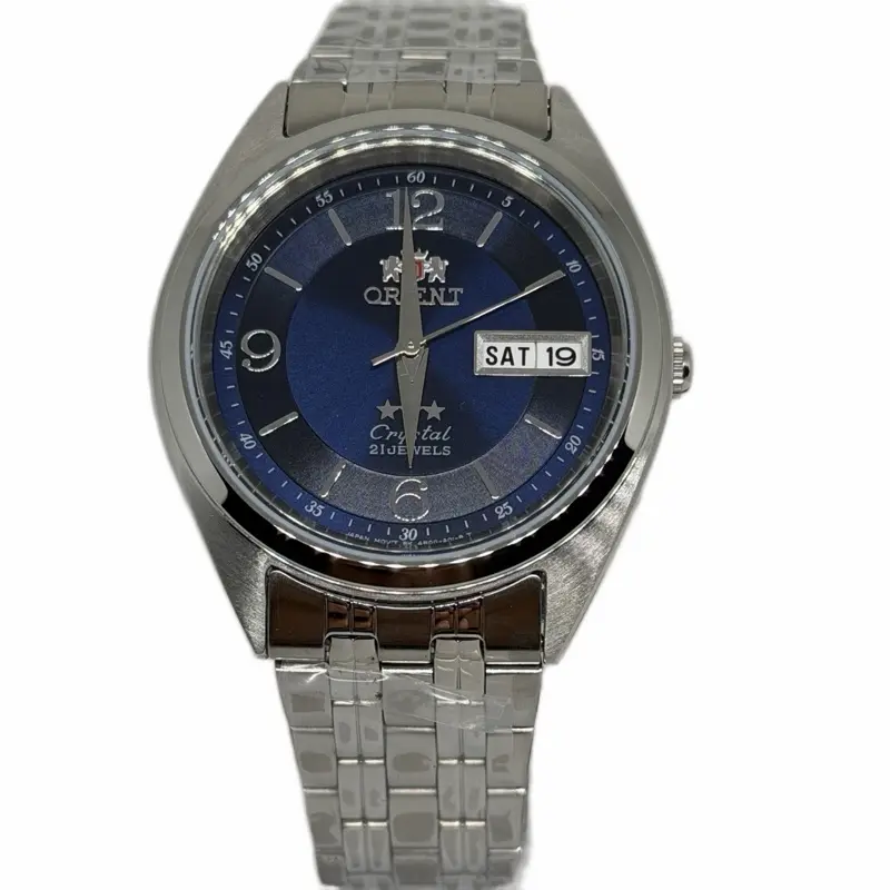 Orient Men Tri stars crystal 21 Jewels silver bracelet with Navy Blue dial FAB0000ED9
