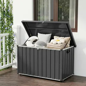 Outdoor Metal Storage Box, Waterproof Steel Deck Box with Lockable Lid, Dual Gas Struts, Wheels and Handles, Large Capacity Storage for Patio, Pool, Backyard