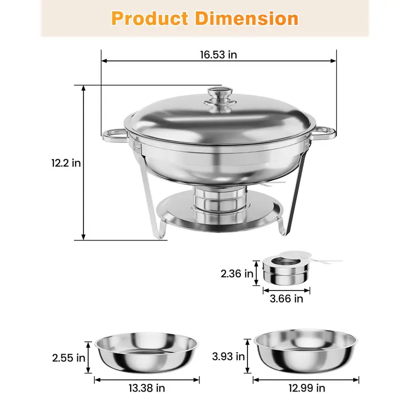Garvee Round Professional Stainless Steel Chafing Dish 5QT Round Buffet Server & Warmer Rust Resistant Casserole Cooking Container 2 4 or 6 Pack Options