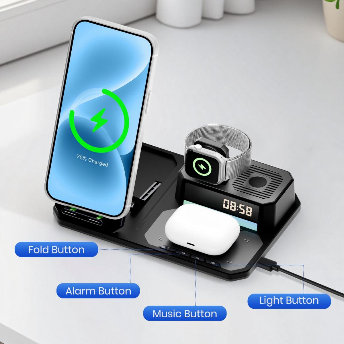 JPTREK 6-in-1 Wireless Charging Station with Speaker & RGB Light – Clean Desk Setup Must-Have